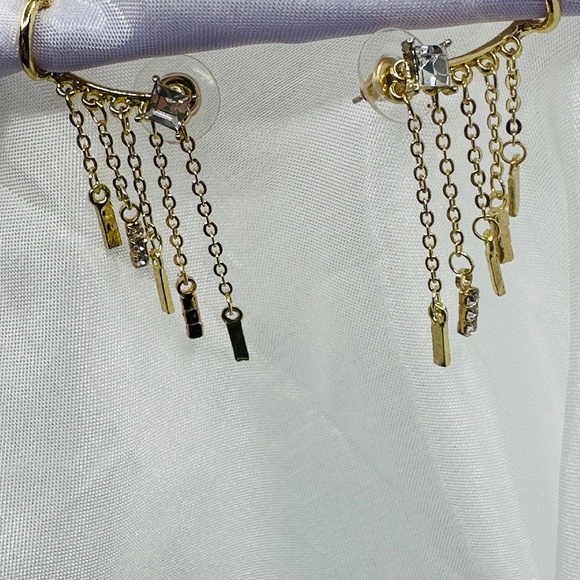 S 925 Dainty Crystal Bar Ear Cuff Earring Set, Short Dangle Pair - Picture 3 of 5